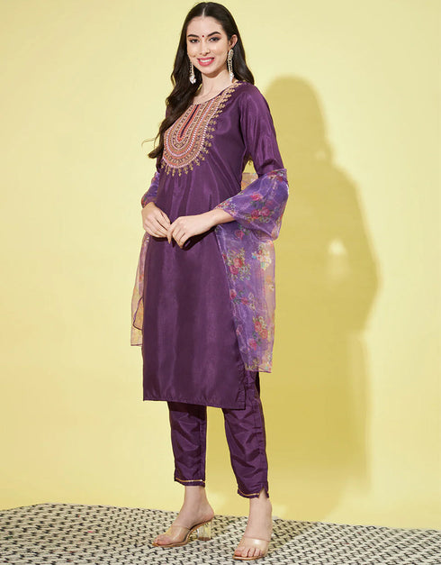 Designer Party Wear Readymade Silk Blend Salwar Suit Purple Silk Blend Pant Straight Close-up View